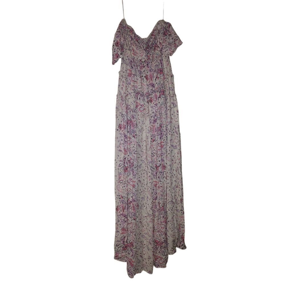 Fate Womens Paisley Smocked Off the Shoulder Maxi Dress Pink Purple Cream Medium